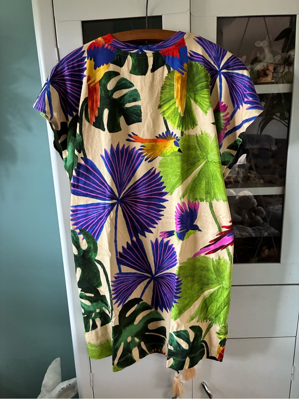 Farm Rio sz S Tropical Parrot Print Tunic Dress in Cream & Bright Greens euc - Picture 7 of 8